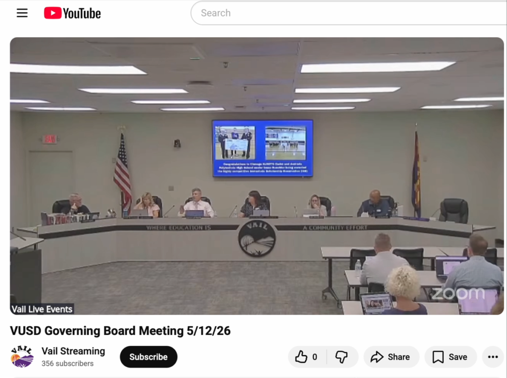 Screengrab of the Vail Unified School District governing board meeting, taken from a livestream on the district's YouTube page on May 12, 2026. Public access to the video recording on YouTube was removed after the meeting ended.