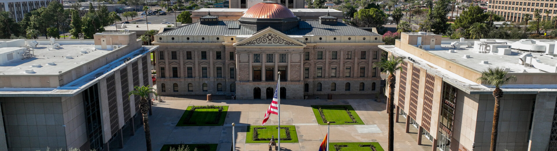An aerial photo of the Arizona state capitol