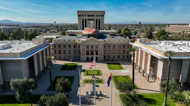 An aerial photo of the Arizona state capitol