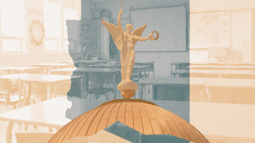 Illustration of Arizona's capitol dome, superimposed over a classroom and the state shape