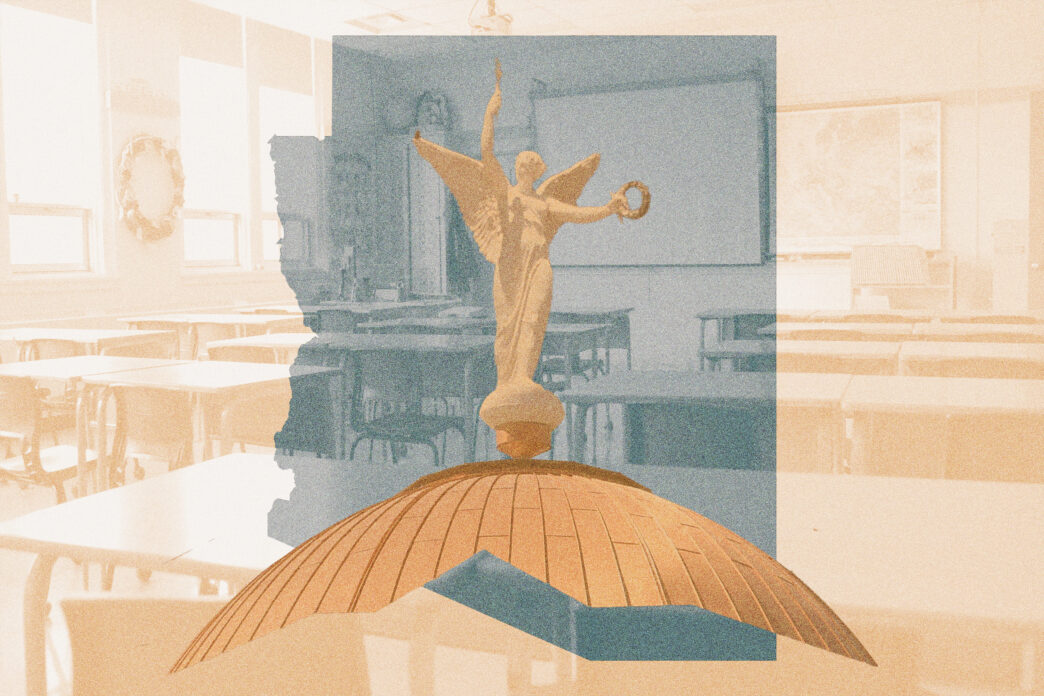 Illustration of Arizona's capitol dome, superimposed over a classroom and the state shape