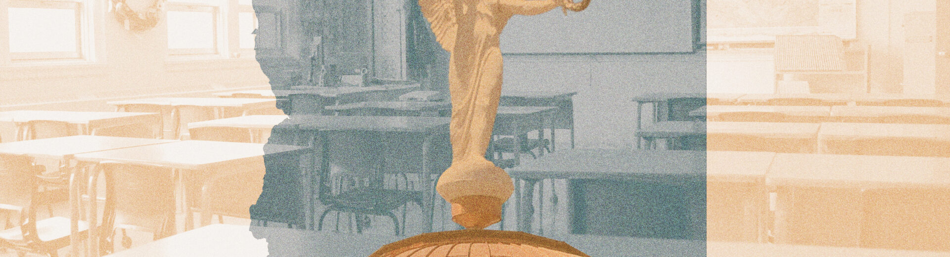 Illustration of Arizona's capitol dome, superimposed over a classroom and the state shape