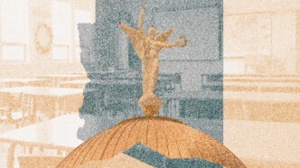 Illustration of Arizona's capitol dome, superimposed over a classroom and the state shape