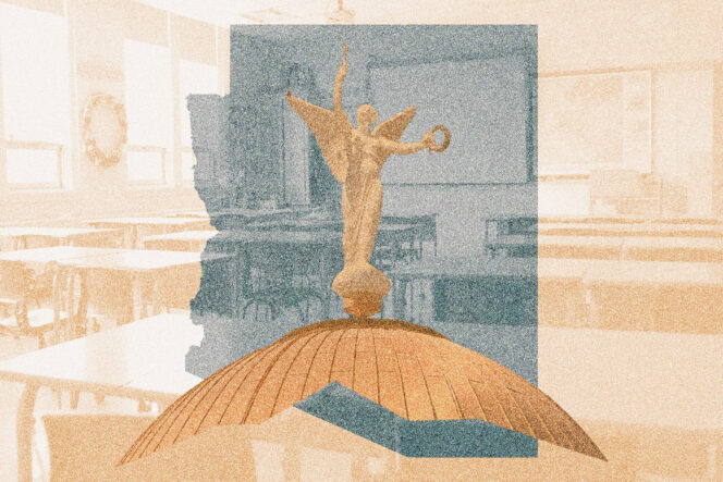 Illustration of Arizona's capitol dome, superimposed over a classroom and the state shape