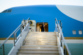 Tarmac stairs leading to the door of Air Force One.