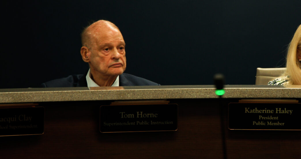 Arizona Superintendent of Public Instruction Tom Horne at a meeting of the Arizona State Board of Education.