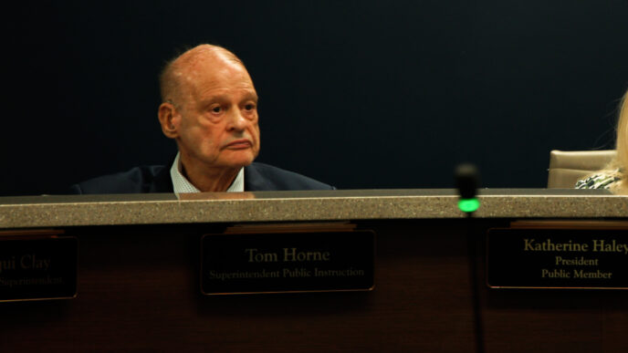 Arizona Superintendent of Public Instruction Tom Horne at a meeting of the Arizona State Board of Education.