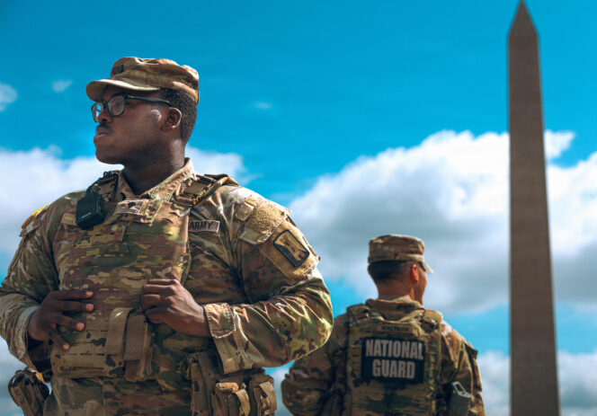 Members of the Mississippi National Guard patrol near the Washington Monument on Sept. 13, 2026 in Washington. (U.S. Army National Guard photo by Sgt. Carlos Parra)