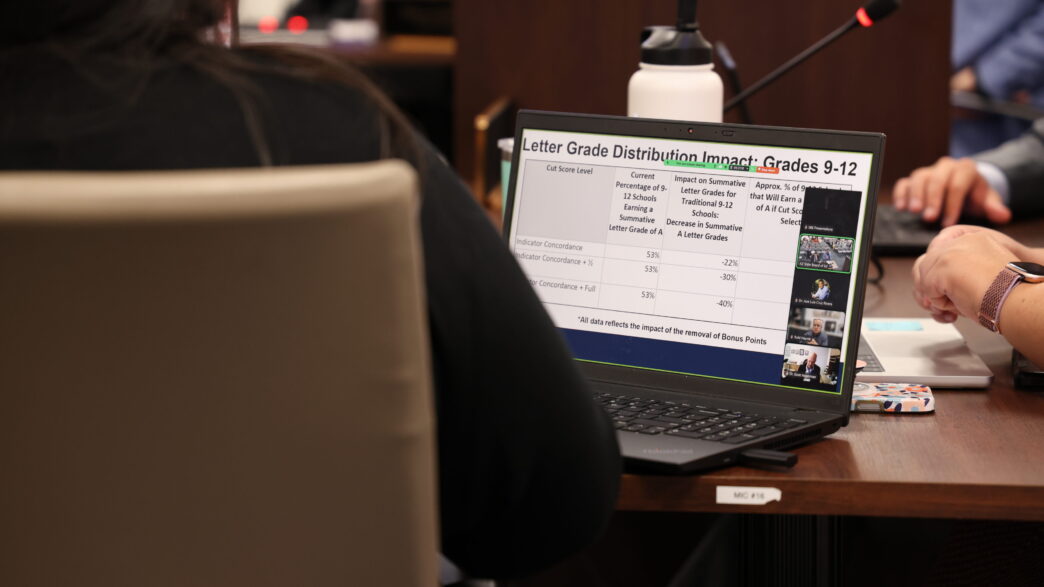 Close-up of a State Board of Education member's computer, during a discussion of letter grade reform at the board's Sept. 28 meeting