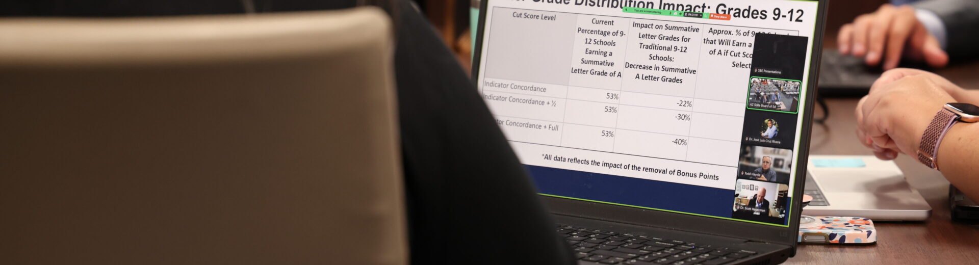 Close-up of a State Board of Education member's computer, during a discussion of letter grade reform at the board's Sept. 28 meeting