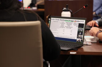Close-up of a State Board of Education member's computer, during a discussion of letter grade reform at the board's Sept. 28 meeting