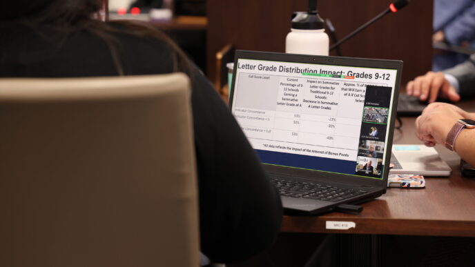 Close-up of a State Board of Education member's computer, during a discussion of letter grade reform at the board's Sept. 28 meeting